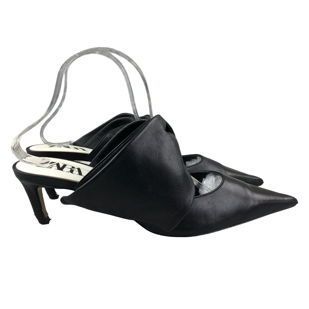 ZARA Women's EU 42 (US 11) Black Leather Bow Mule Mid Heel Sandals Pointed Toe